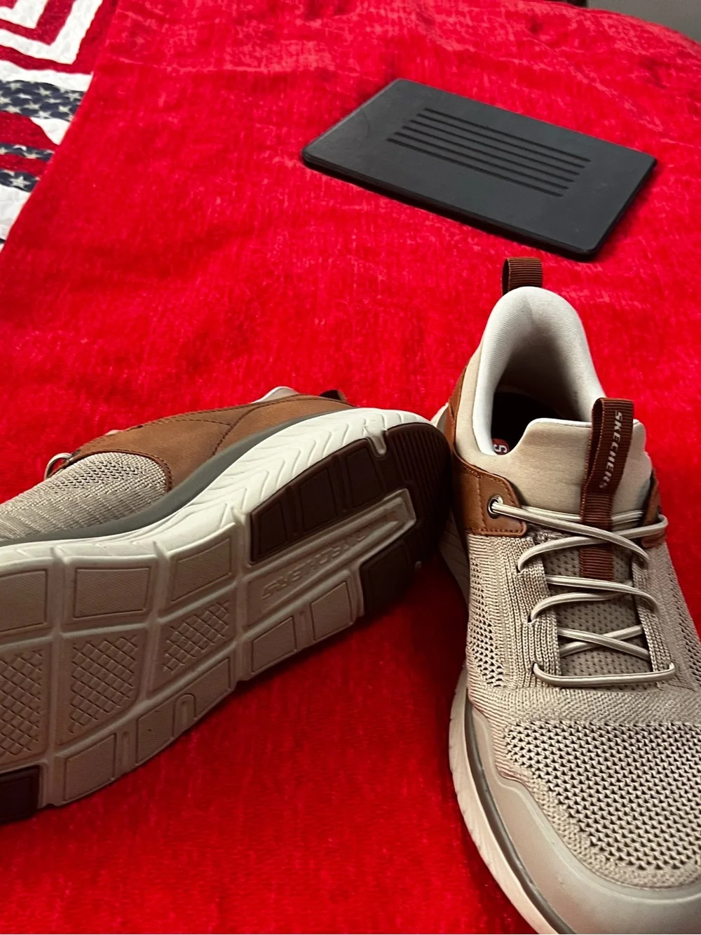 Skechers Men’s Beige Knit Slip-On Sneakers with Brown Accents